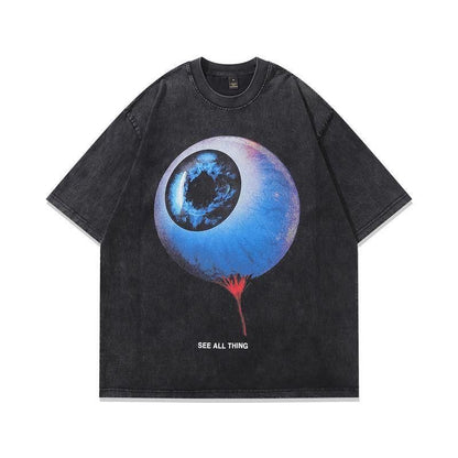 Eye Ball ウォッシュ加工 ユニセックス Tシャツ BLACK