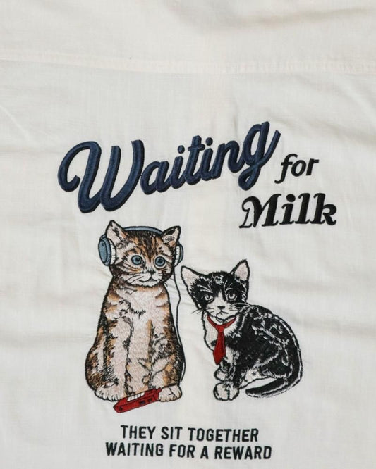 POWER TO THE PEOPLE CAT 麻ライク 刺繍 シャツ WHITE