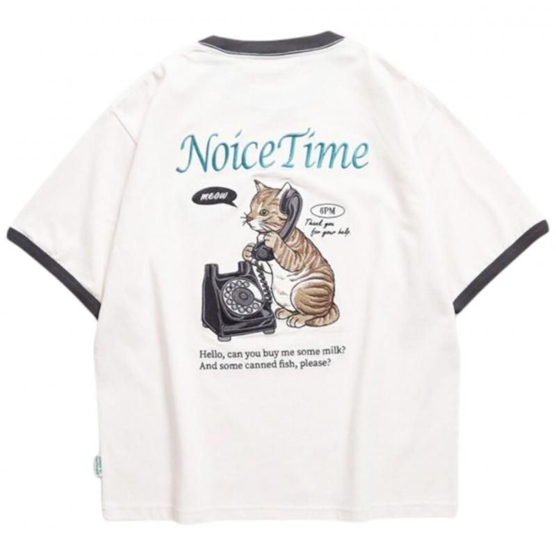 POWER TO THE PEOPLE テレフォン ネコ刺繍Tee / 半袖Tシャツ Ringer Off White