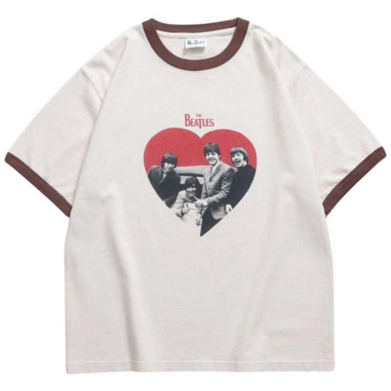 The Beatles ビートルズ ハート柄リンガーTee / 半袖Tシャツ Ringer Brown