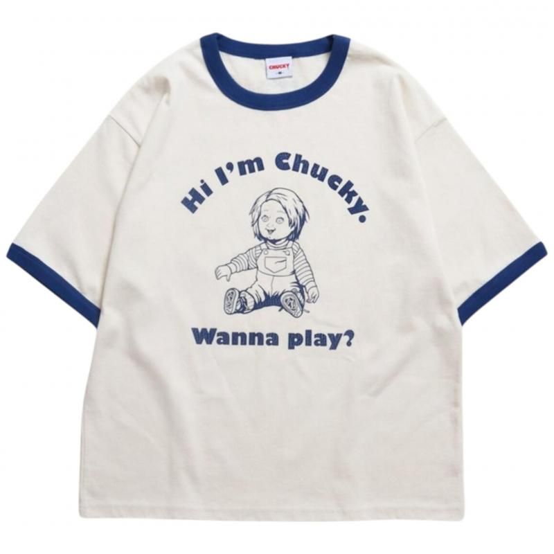 CHUCKY チャッキー クラックプリント リンガーTee 半袖Tシャツ チャイルド・プレイ Blue