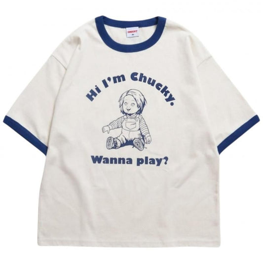 CHUCKY チャッキー クラックプリント リンガーTee 半袖Tシャツ チャイルド・プレイ Blue