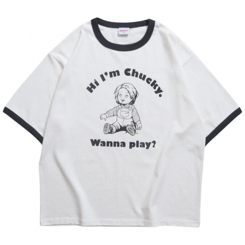 CHUCKY チャッキー クラックプリント リンガーTee 半袖Tシャツ チャイルド・プレイ White