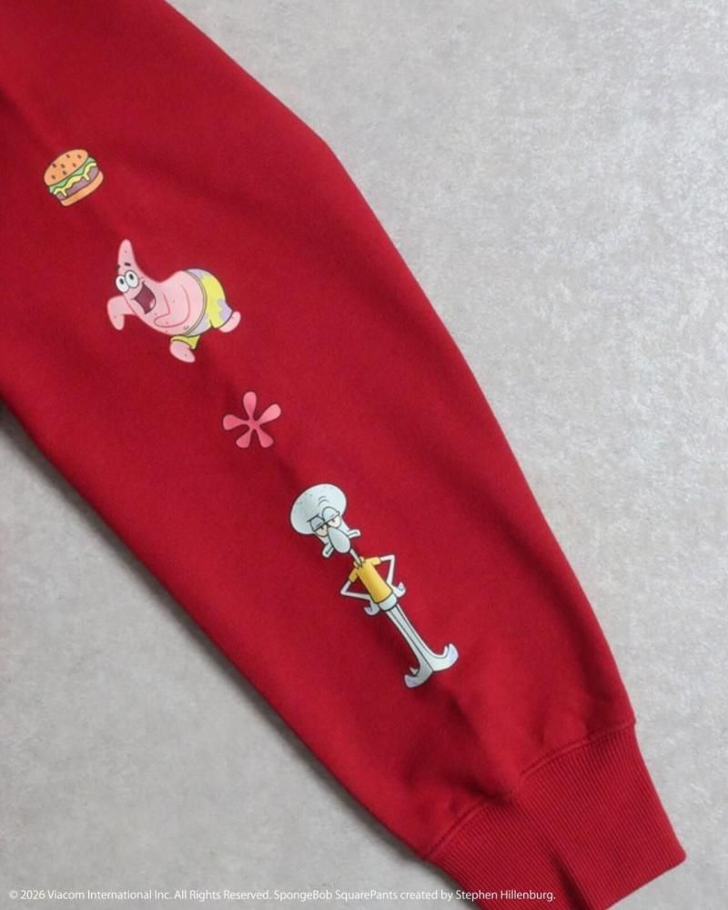 スポンジ・ボブ サガラ刺繍 袖プリント スウェット Red