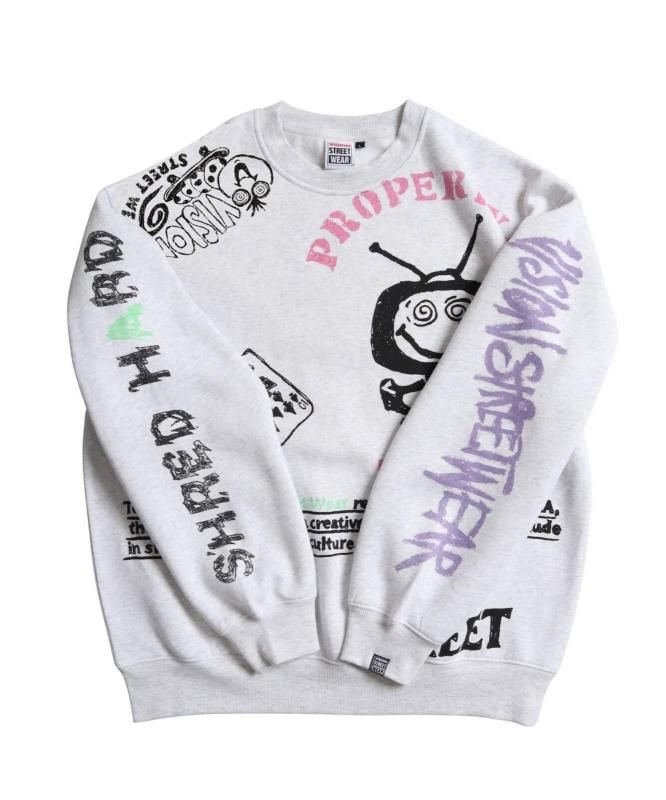 VISION STREET WEAR 裏起毛 ラクガキ総柄スウェット Light Gray