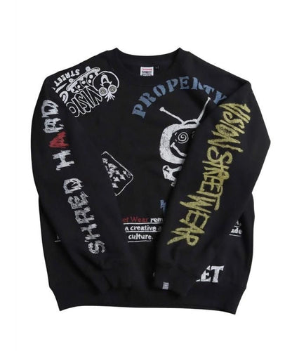 VISION STREET WEAR 裏起毛 ラクガキ総柄スウェット Black