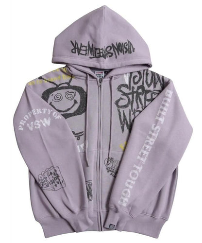 VISION STREET WEAR 裏起毛 ラクガキ総柄ジップパーカー Purple