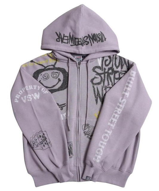 VISION STREET WEAR 裏起毛 ラクガキ総柄ジップパーカー Purple