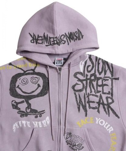 VISION STREET WEAR 裏起毛 ラクガキ総柄ジップパーカー Purple