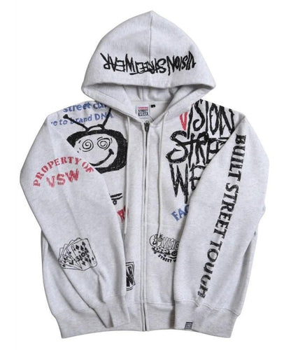 VISION STREET WEAR 裏起毛 ラクガキ総柄ジップパーカー Gray