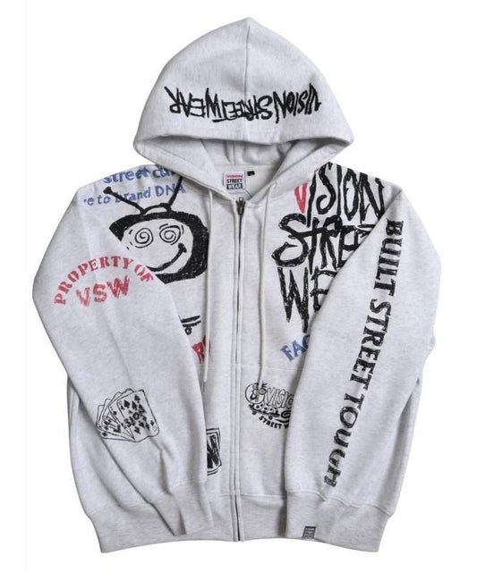 VISION STREET WEAR 裏起毛 ラクガキ総柄ジップパーカー Gray