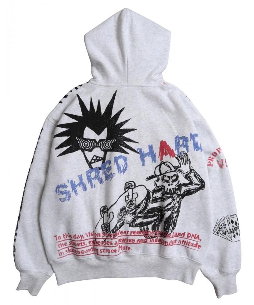 VISION STREET WEAR 裏起毛 ラクガキ総柄ジップパーカー Gray
