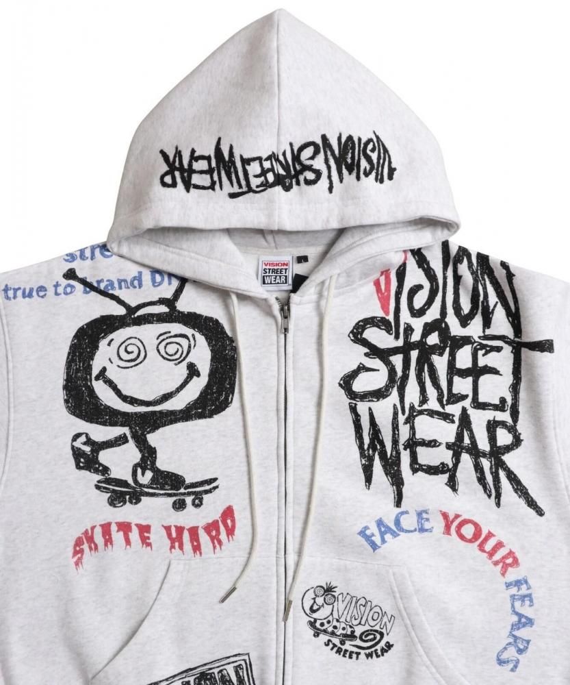 VISION STREET WEAR 裏起毛 ラクガキ総柄ジップパーカー Gray