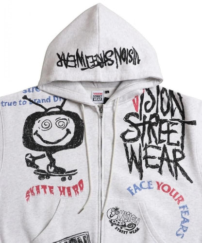 VISION STREET WEAR 裏起毛 ラクガキ総柄ジップパーカー Gray