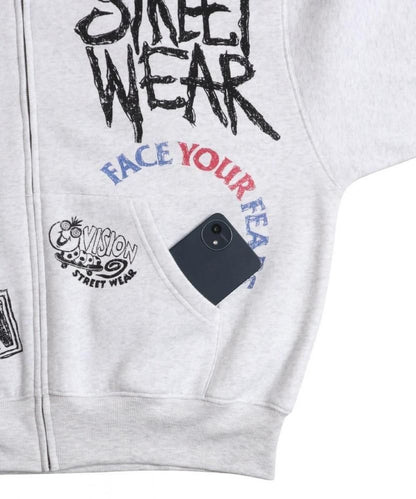 VISION STREET WEAR 裏起毛 ラクガキ総柄ジップパーカー Gray