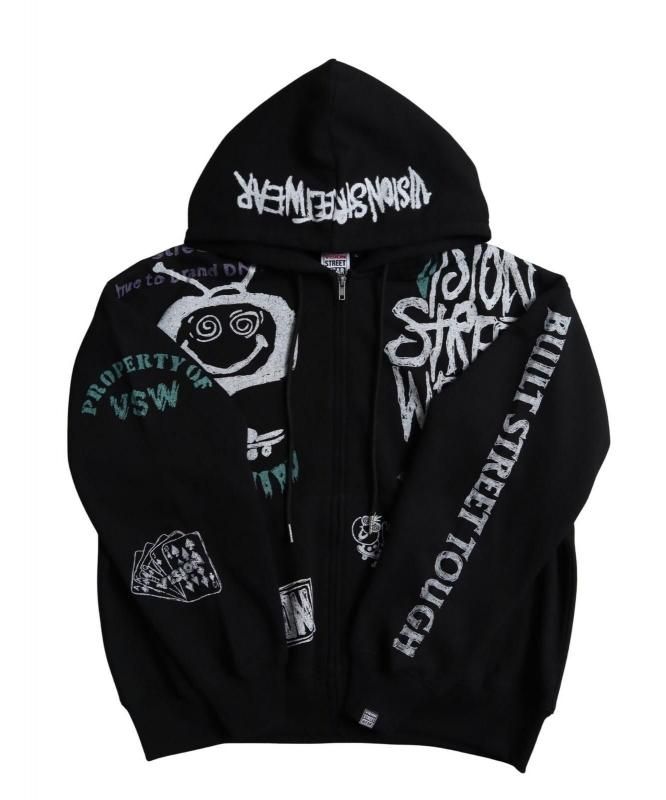 VISION STREET WEAR 裏起毛 ラクガキ総柄ジップパーカー Black