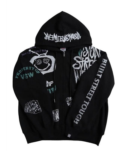 VISION STREET WEAR 裏起毛 ラクガキ総柄ジップパーカー Black