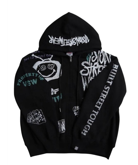 VISION STREET WEAR 裏起毛 ラクガキ総柄ジップパーカー Black