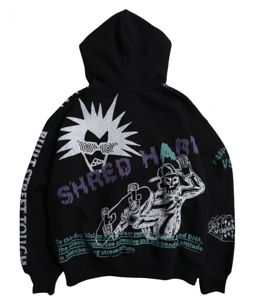 VISION STREET WEAR 裏起毛 ラクガキ総柄ジップパーカー Black