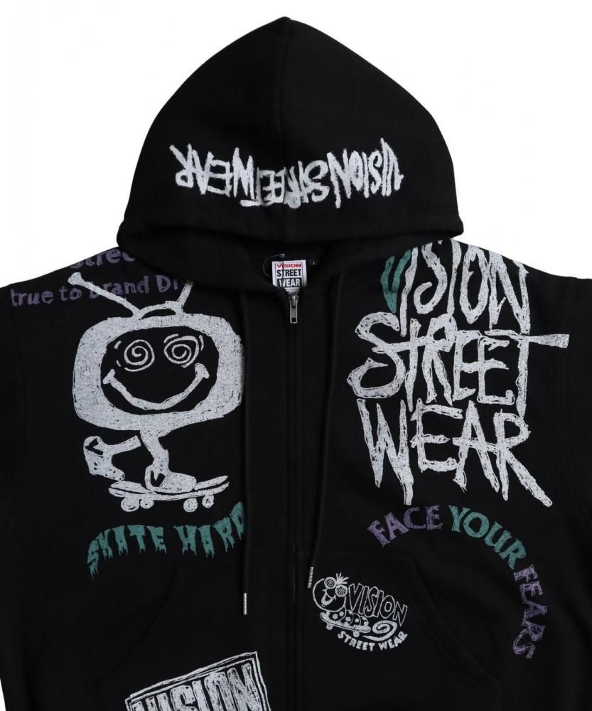 VISION STREET WEAR 裏起毛 ラクガキ総柄ジップパーカー Black