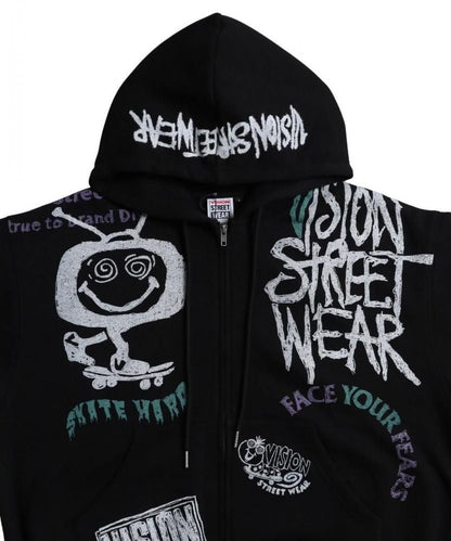 VISION STREET WEAR 裏起毛 ラクガキ総柄ジップパーカー Black