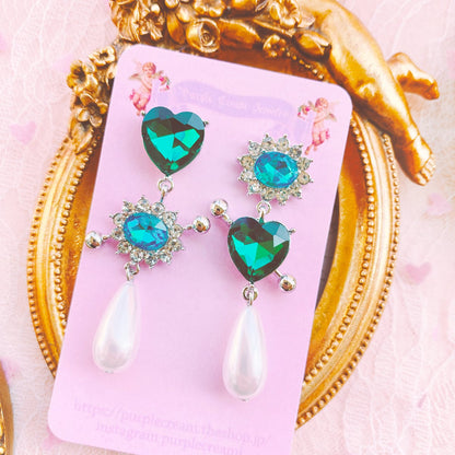 Purple Cream グリーンハート&ブルービジューピアス P634