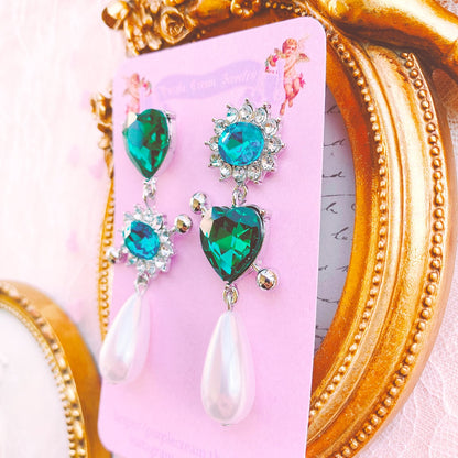 Purple Cream グリーンハート&ブルービジューピアス P634