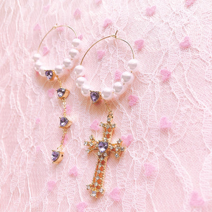 Purple Cream Purple Heart Pearl Cross Hoop Earrings P400