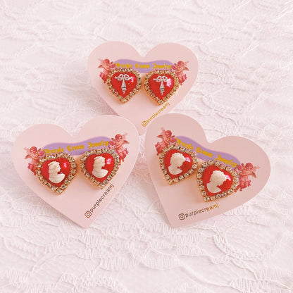 Purple Cream Cameo Heart Earrings Red P943