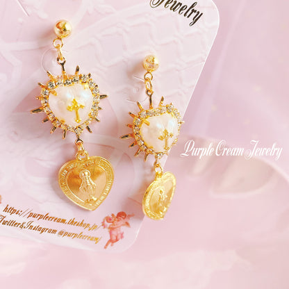 Purple Cream Heart Medal Earrings P1171 GOLD