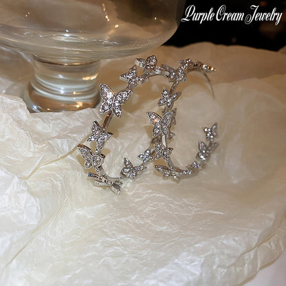 Purple Cream Stone Butterfly Hoop Earrings P1188