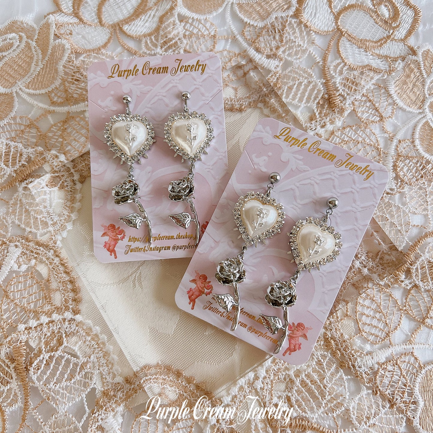 Purple Cream Girly White Rose Earrings GOLD P1275