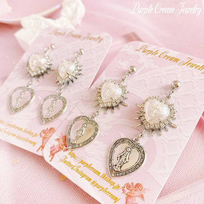 Purple Cream Heart Medal Earrings P1171 SILVER