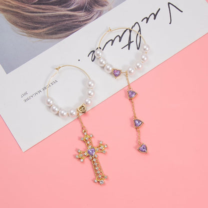 Purple Cream Purple Heart Pearl Cross Hoop Earrings P400