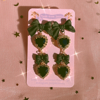Purple Cream Black Ribbon &amp; Heart Earrings P1002
