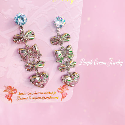 Purple Cream Ribbon &amp; Heart Earrings P1128