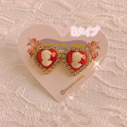 Purple Cream Cameo Heart Earrings Red P943