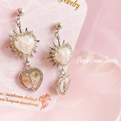 Purple Cream Heart Medal Earrings P1171 SILVER
