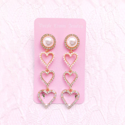 Purple Cream Pearl &amp; Heart Lovely Long Earrings P098