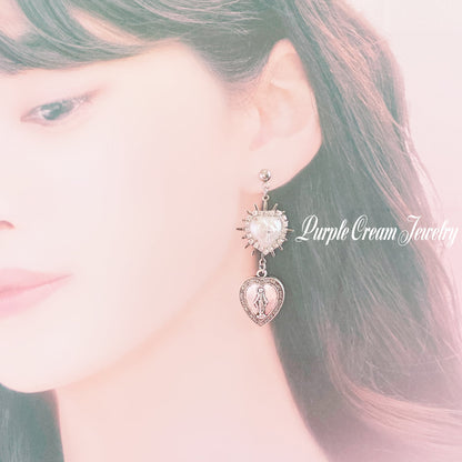 Purple Cream Heart Medal Earrings P1171 SILVER