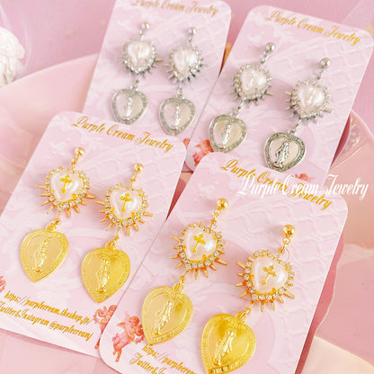 Purple Cream Heart Medal Earrings P1171 GOLD