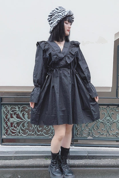 Vネックフリルサイドリボンワンピース BLACK