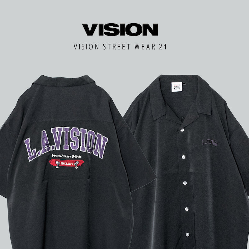 VISION STREET WEAR サテンワッペン 開襟半袖シャツ BLACK