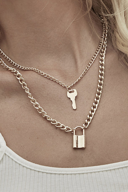 Lock & Key Charm Layered Chain ネックレス GOLD