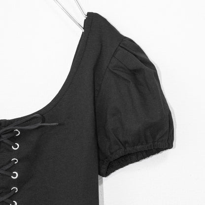 レースアップデザイン 半袖Tシャツ BLACK