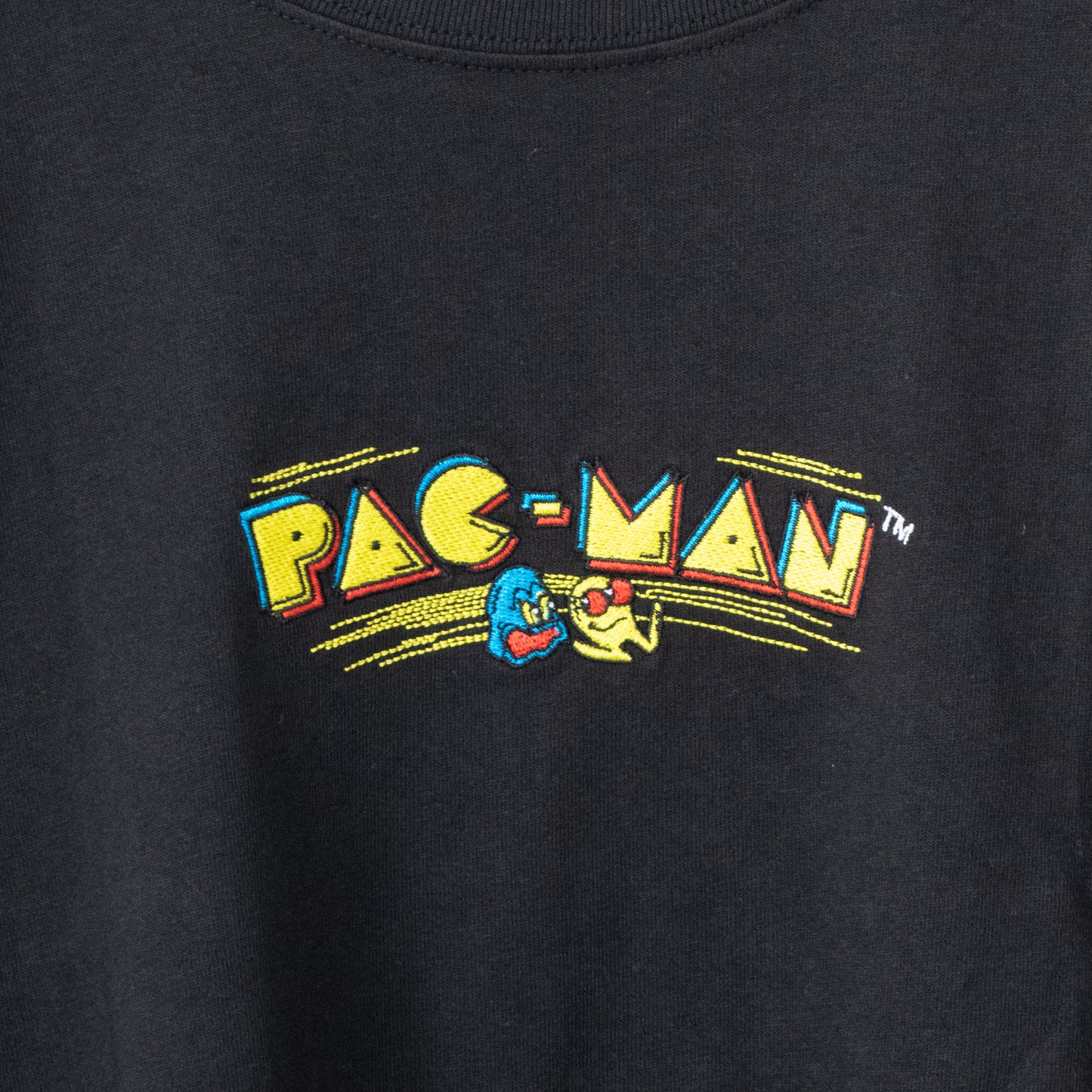Pac-Man Official Retro Logo Embroidered Short Sleeve T-Shirt BLACK