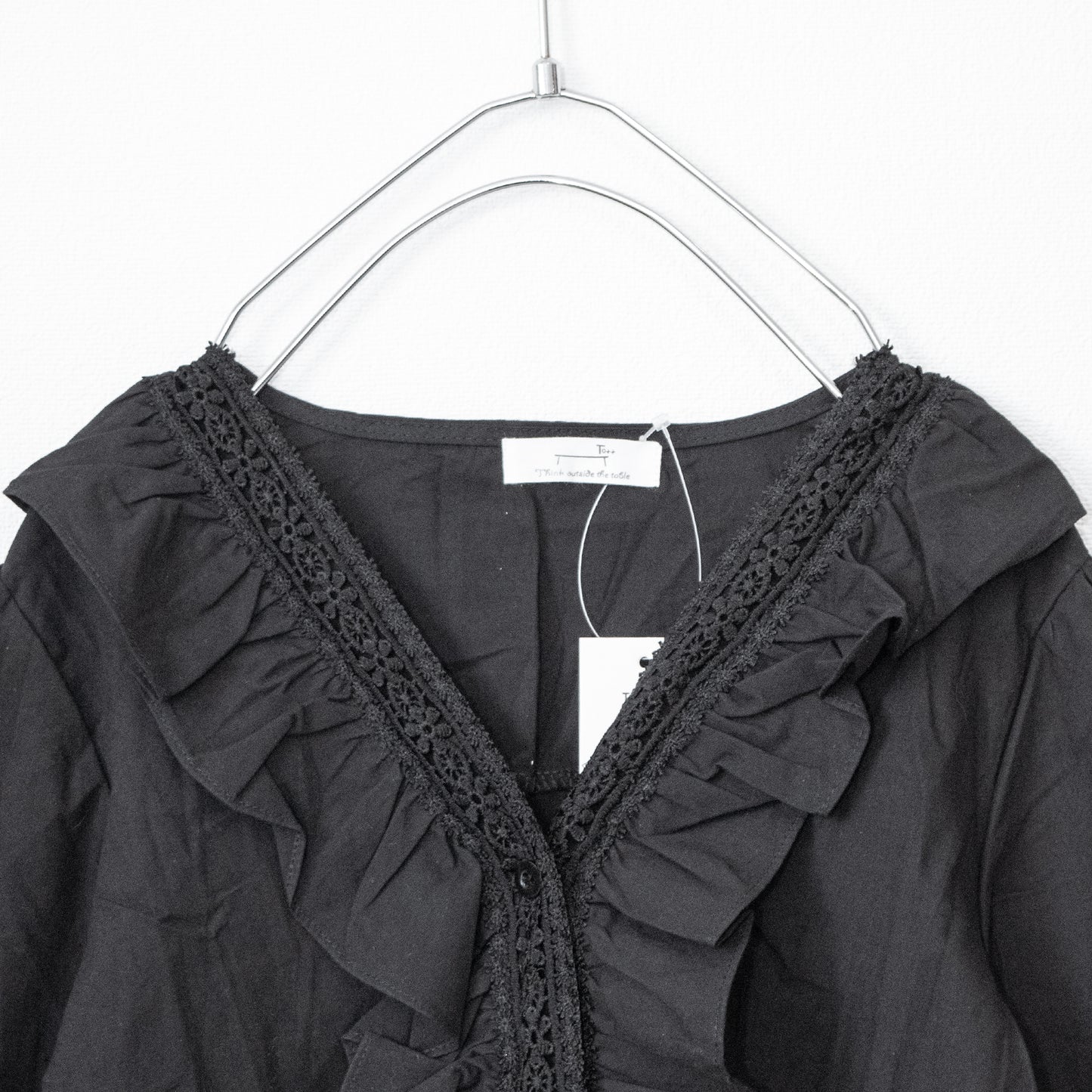 V-neck frill lace blouse BLACK