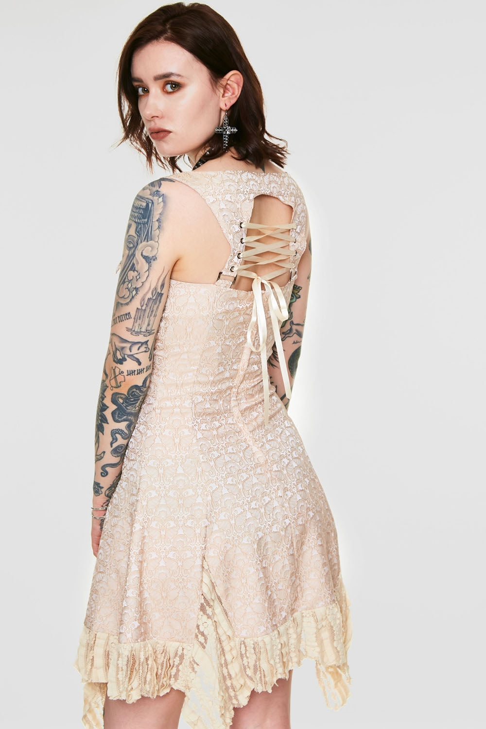 JAWBREAKER Victoriana Beige Lace Dress Cream