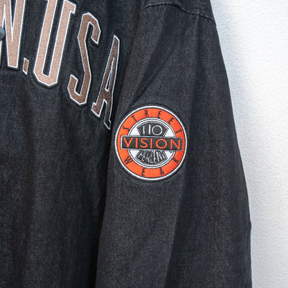 VISION STREET WEAR カレッジロゴ刺繍 デニムスタジアムジャケット BLACK