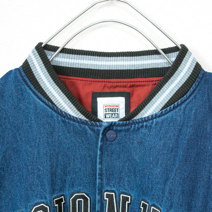 VISION STREET WEAR カレッジロゴ刺繍 デニムスタジアムジャケット BLUE